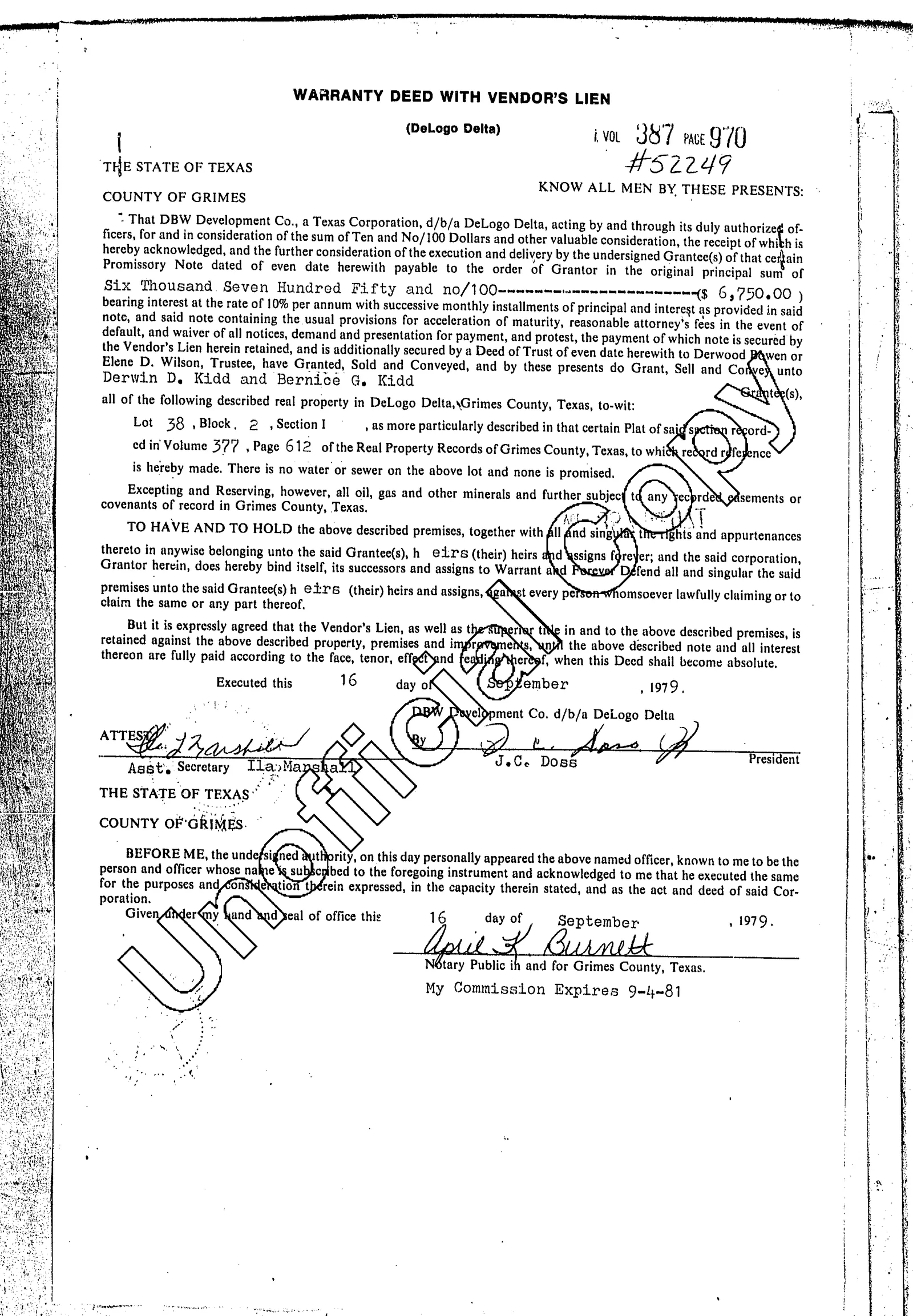 Dbw Development Co - Recorded Warnty Deed (Vol. 387, Page 970)