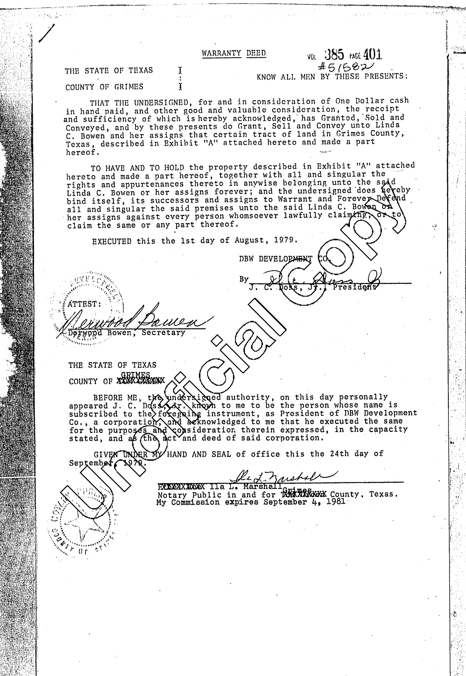 Dbw Development Co - Recorded Warnty Deed (Vol. 385, Page 401)